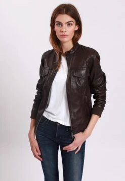 Lee Cooper Leather Jacket With Round Collar - 2 Zipped Side Pockets - - Veste En Cuir - Brown